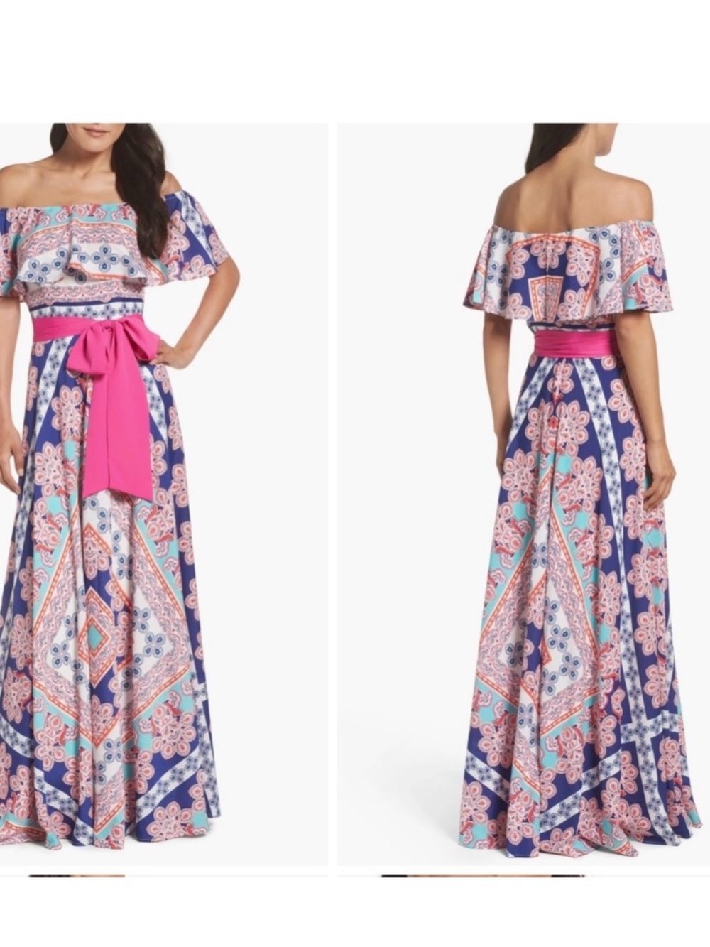Off-Shoulder Navy and Pink Printed Maxi Dress with Sash